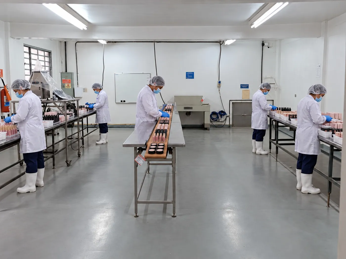Equipe paramentada montando e embalando produtos de maquiagem em bancadas de aço inox e esteira