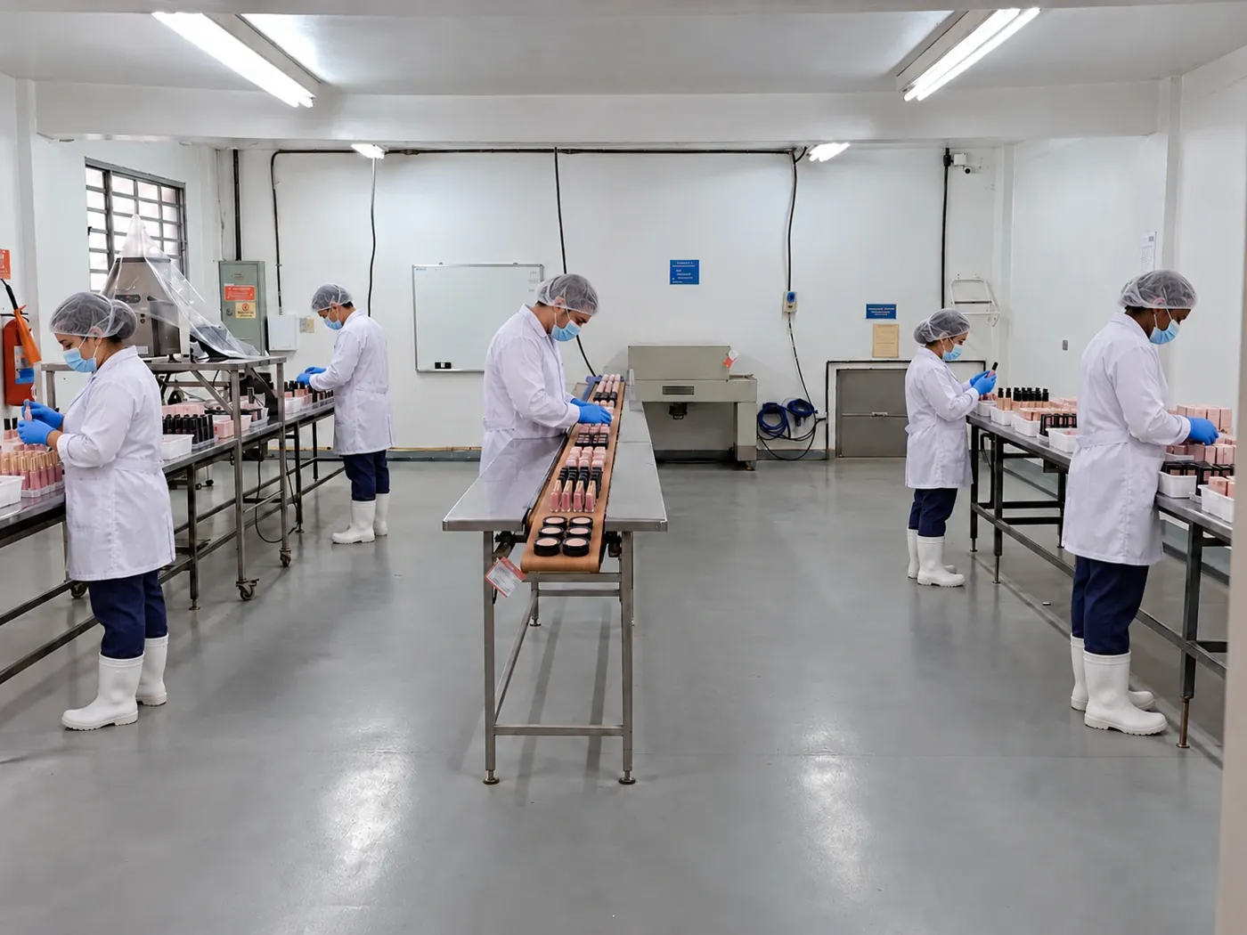 Equipe paramentada montando e embalando produtos de maquiagem em bancadas de aço inox e esteira