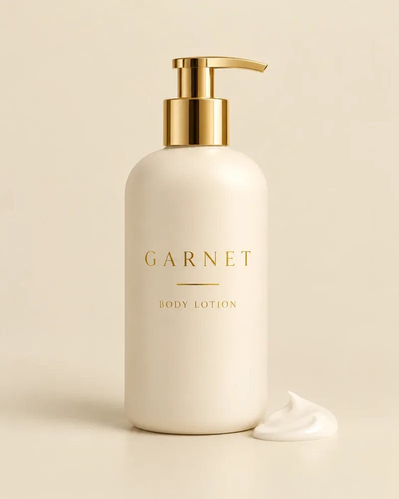 Loção corporal Garnet em frasco creme com válvula dourada