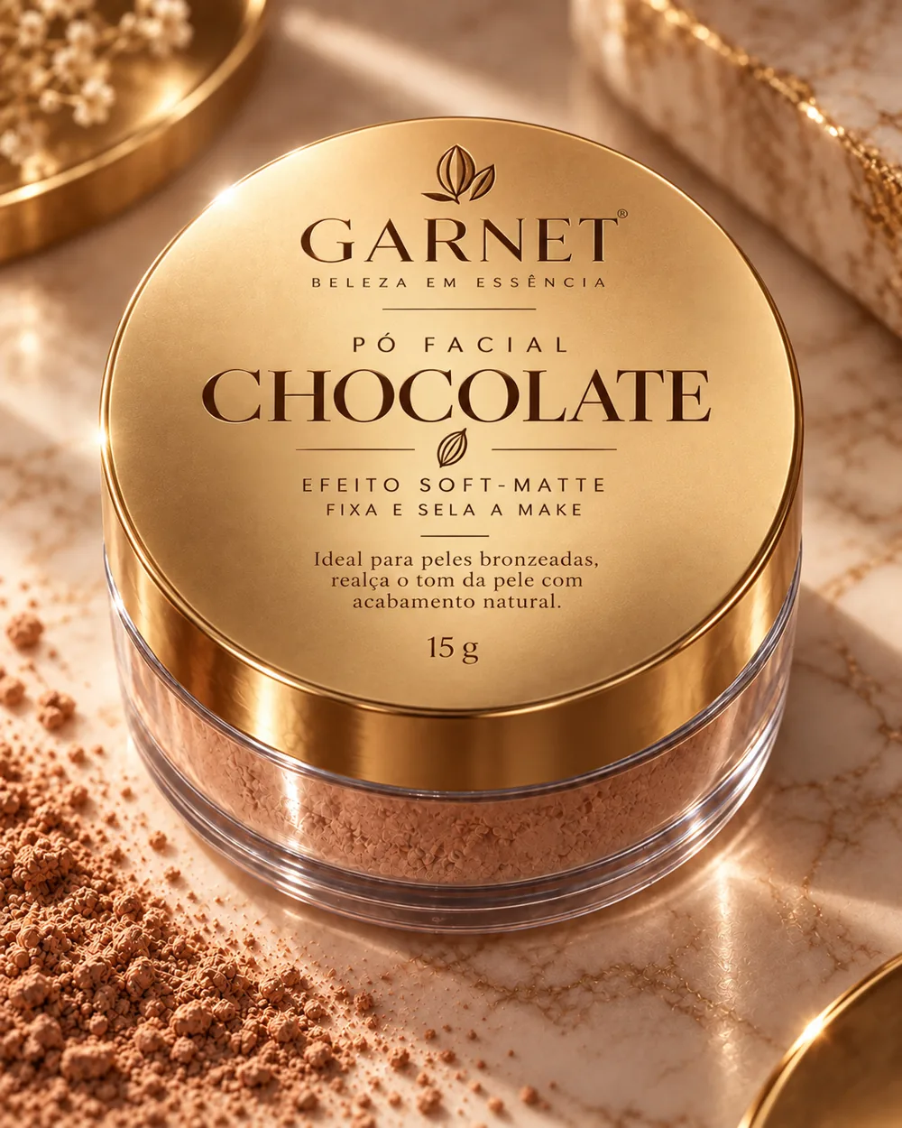 Pó facial Chocolate Garnet, efeito soft-matte, pote de 15 g com tampa dourada